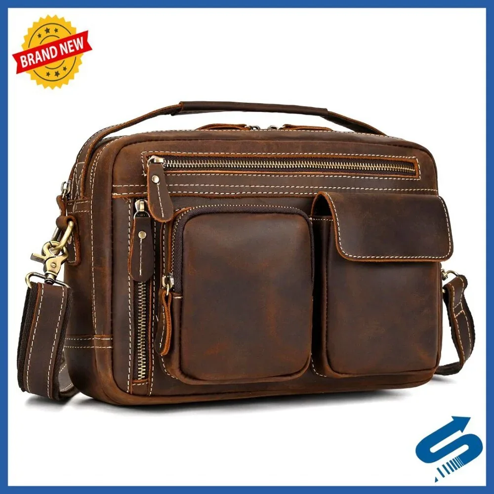 Vintage Leather Messenger Bag for Men, Laptop Crossbody Briefcase Shoulder Bag